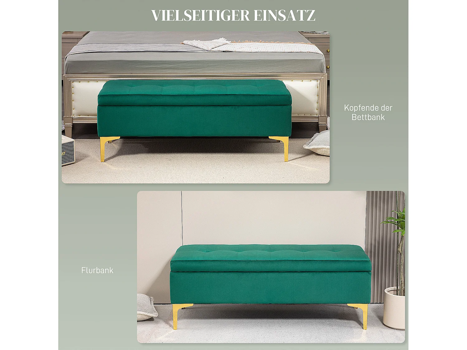 Banc de rangement en velours avec pieds métalliques, vert, 120x44x44.5 cm