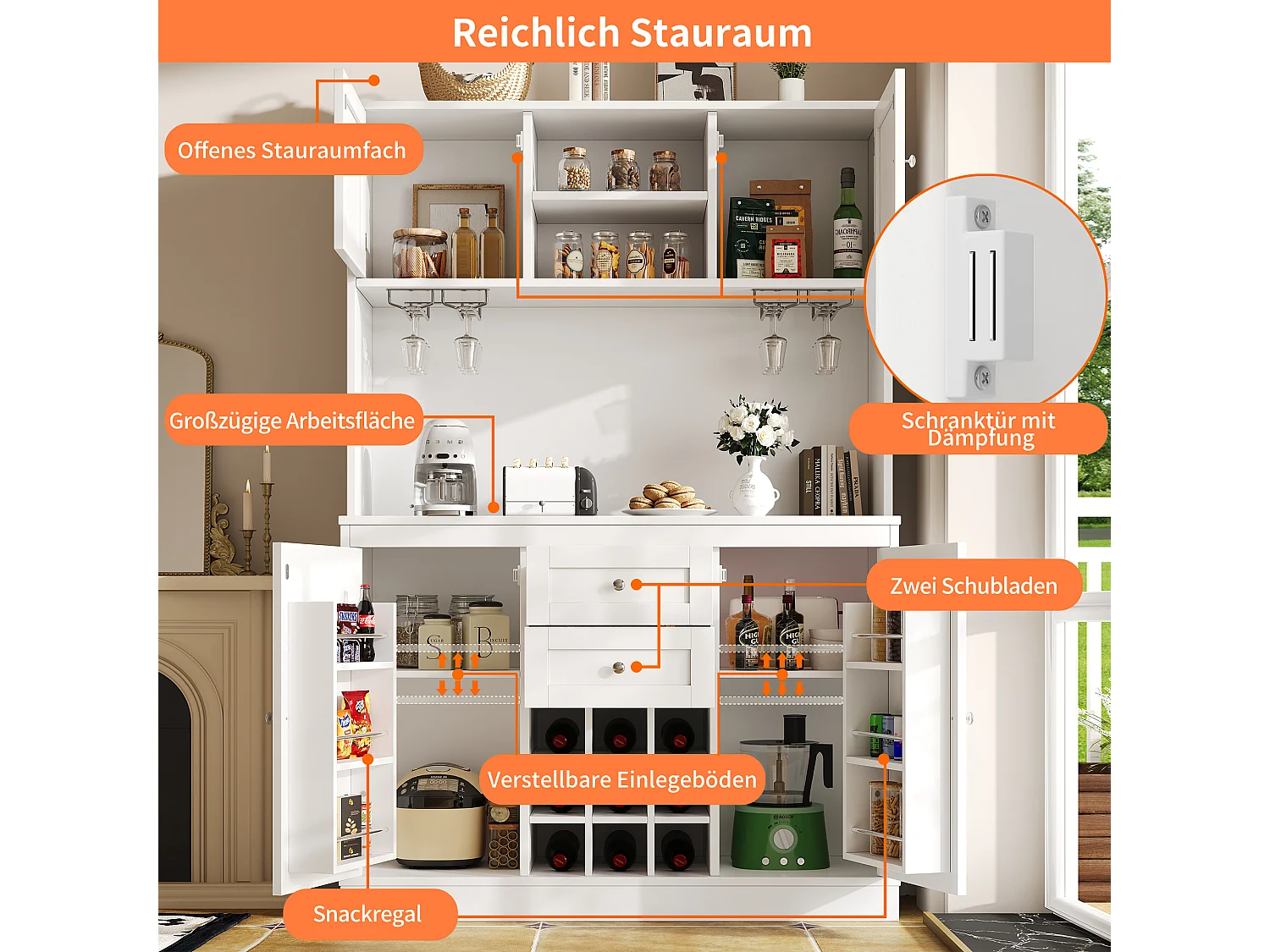 Buffet de cuisine avec étagères réglables et porte-bouteilles, MDF, blanc (120x40x188 cm)