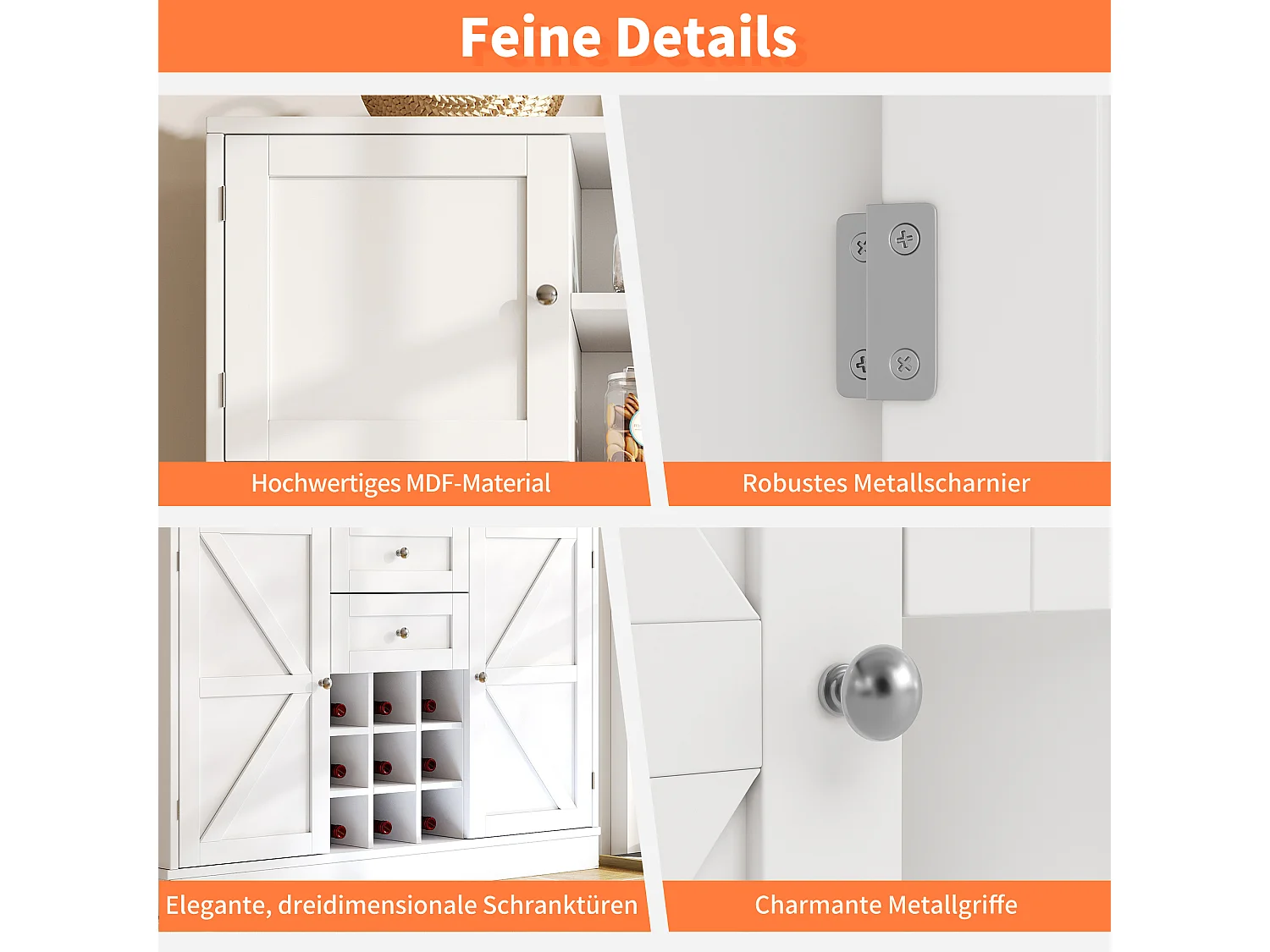 Buffet de cuisine avec étagères réglables et porte-bouteilles, MDF, blanc (120x40x188 cm)