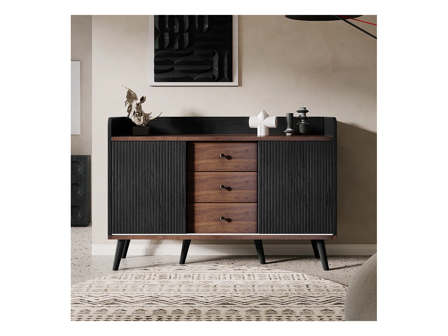 Buffet moderne, 3 tiroirs, design bois, avec étagères de rangement, panneau de particules, noir et bois (117.5x40x80 cm)