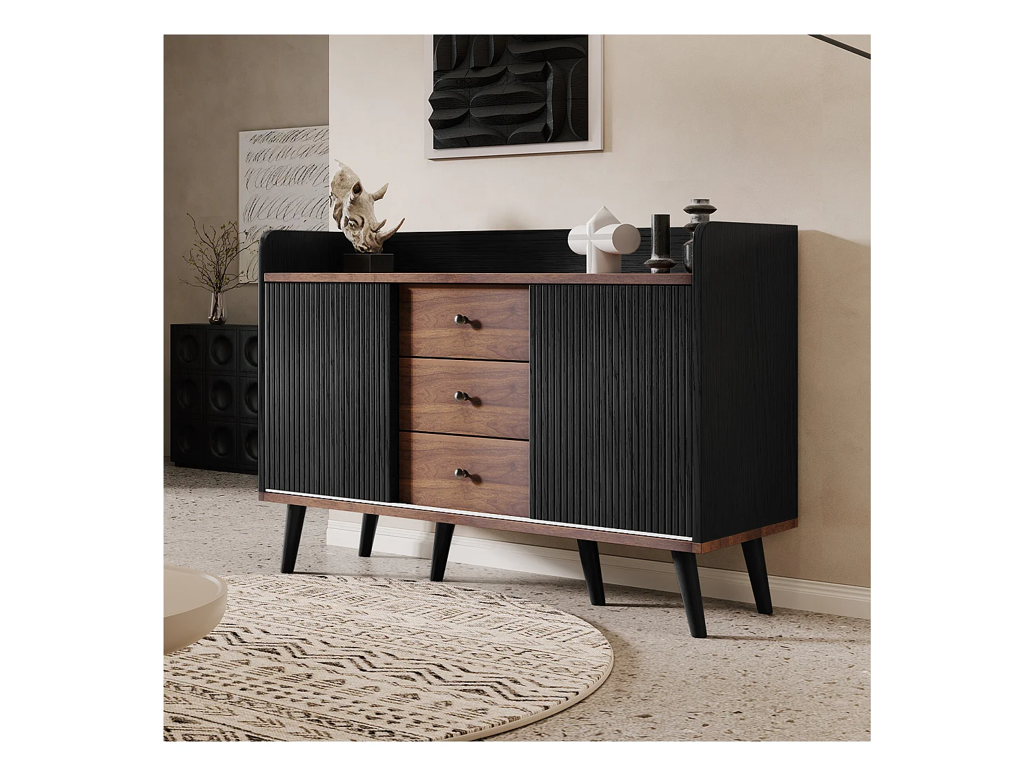 Buffet moderne, 3 tiroirs, design bois, avec étagères de rangement, panneau de particules, noir et bois (117.5x40x80 cm)