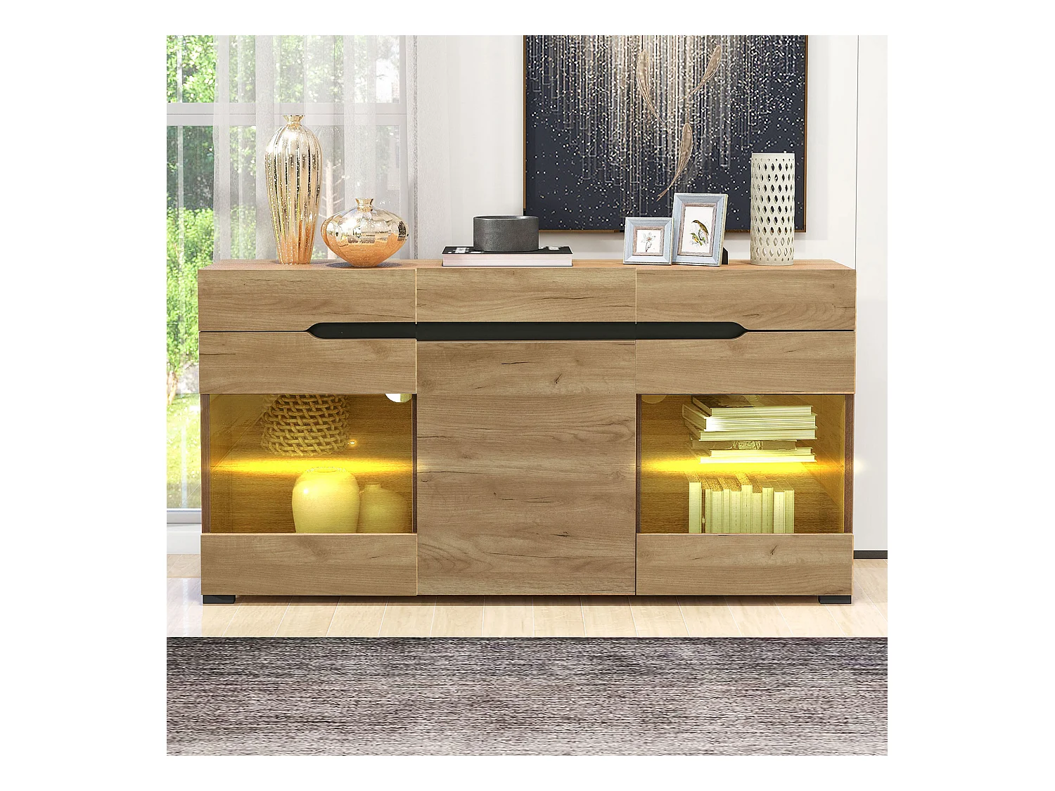 Credenza LED, 3 ante e 3 cassetti, in truciolare, colore rovere (140x35x80 cm)