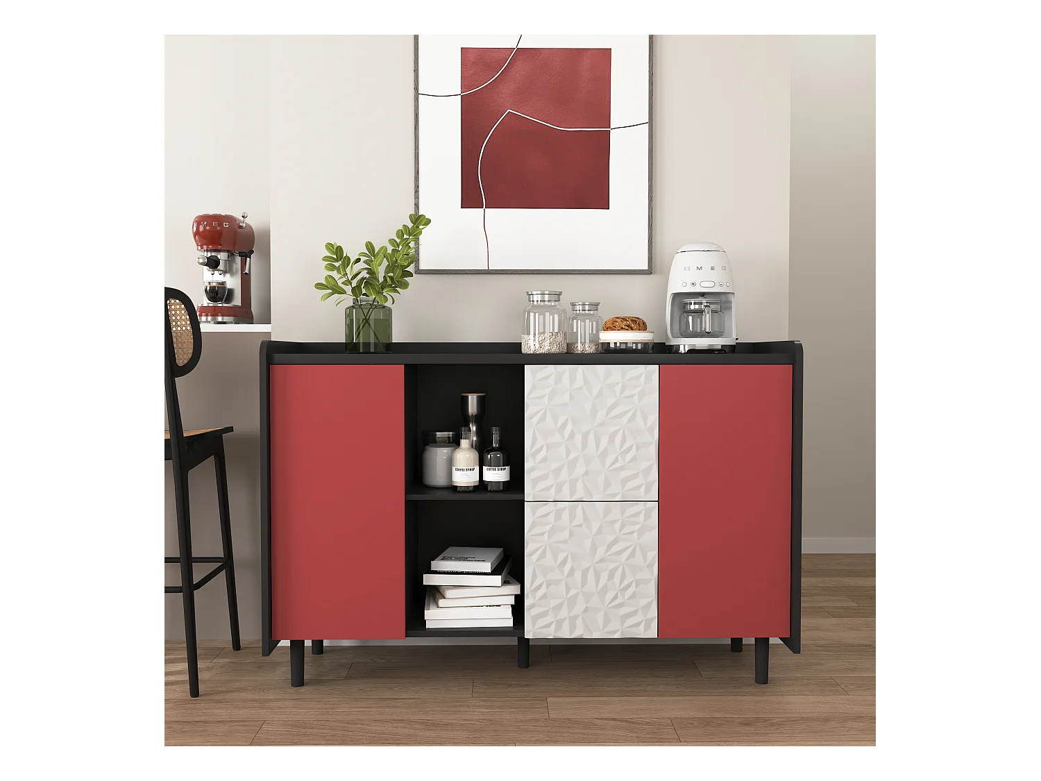 Buffet avec 2 tiroirs, 2 étagères ouvertes et portes rouges, meuble de rangement moderne en MDF noir et rouge (120x40x80 cm)