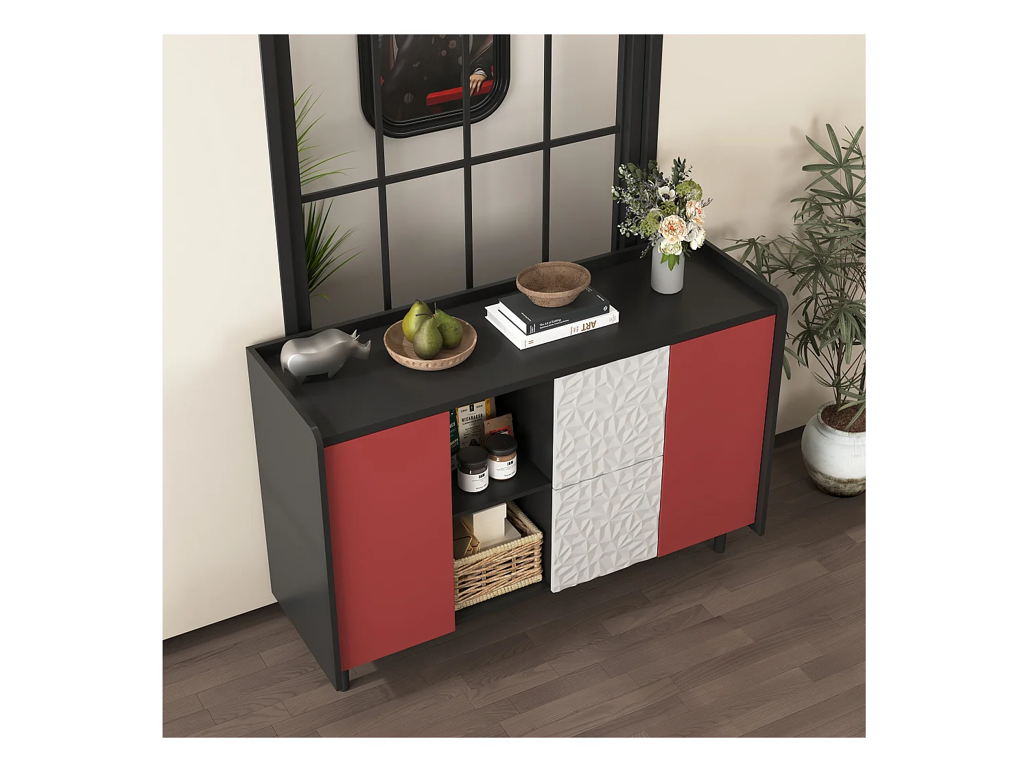 Buffet avec 2 tiroirs, 2 étagères ouvertes et portes rouges, meuble de rangement moderne en MDF noir et rouge (120x40x80 cm)