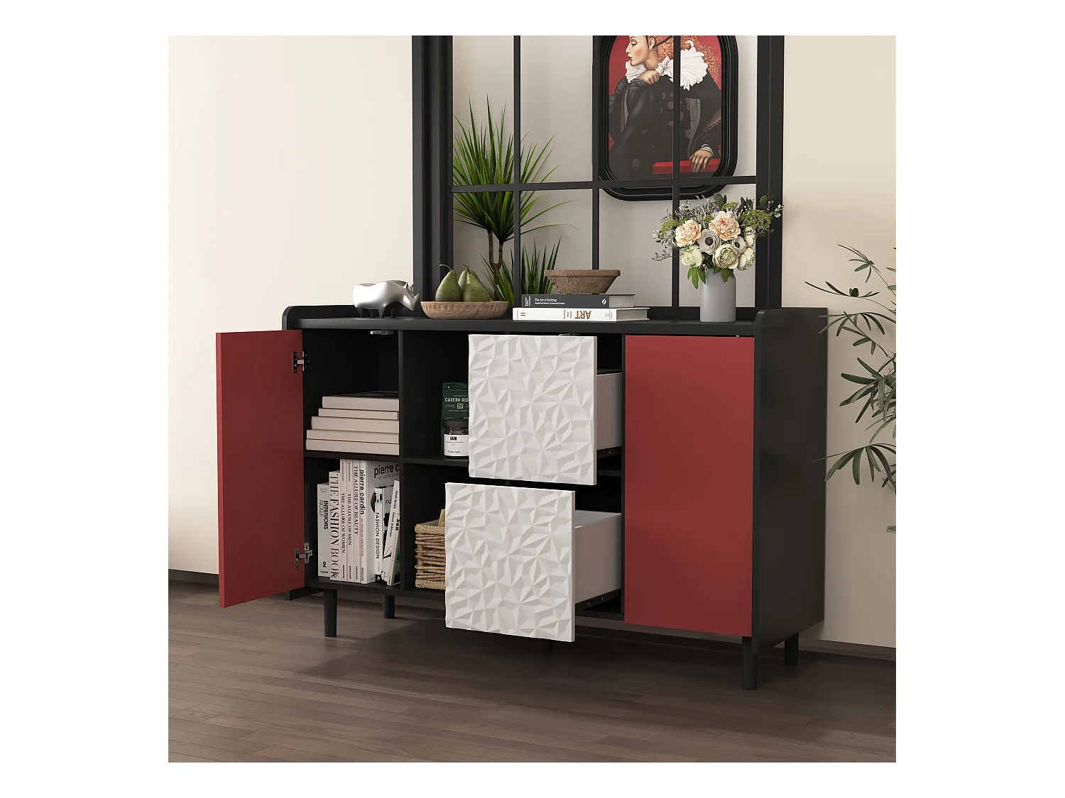 Buffet avec 2 tiroirs, 2 étagères ouvertes et portes rouges, meuble de rangement moderne en MDF noir et rouge (120x40x80 cm)