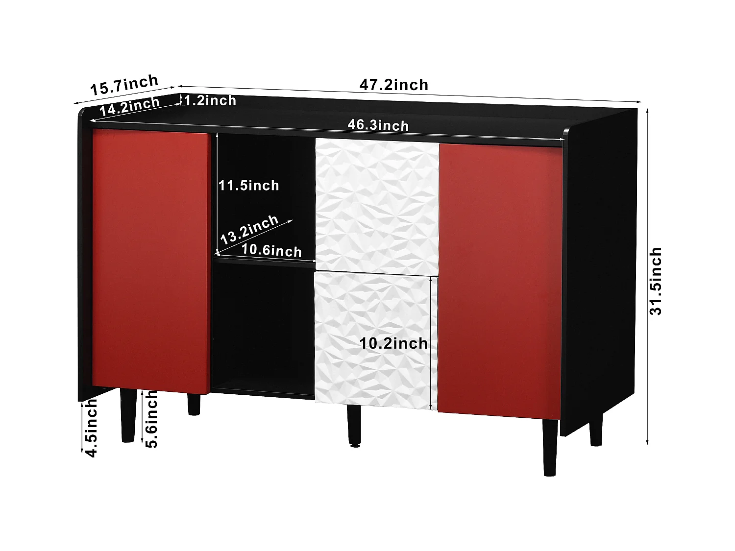 Buffet avec 2 tiroirs, 2 étagères ouvertes et portes rouges, meuble de rangement moderne en MDF noir et rouge (120x40x80 cm)