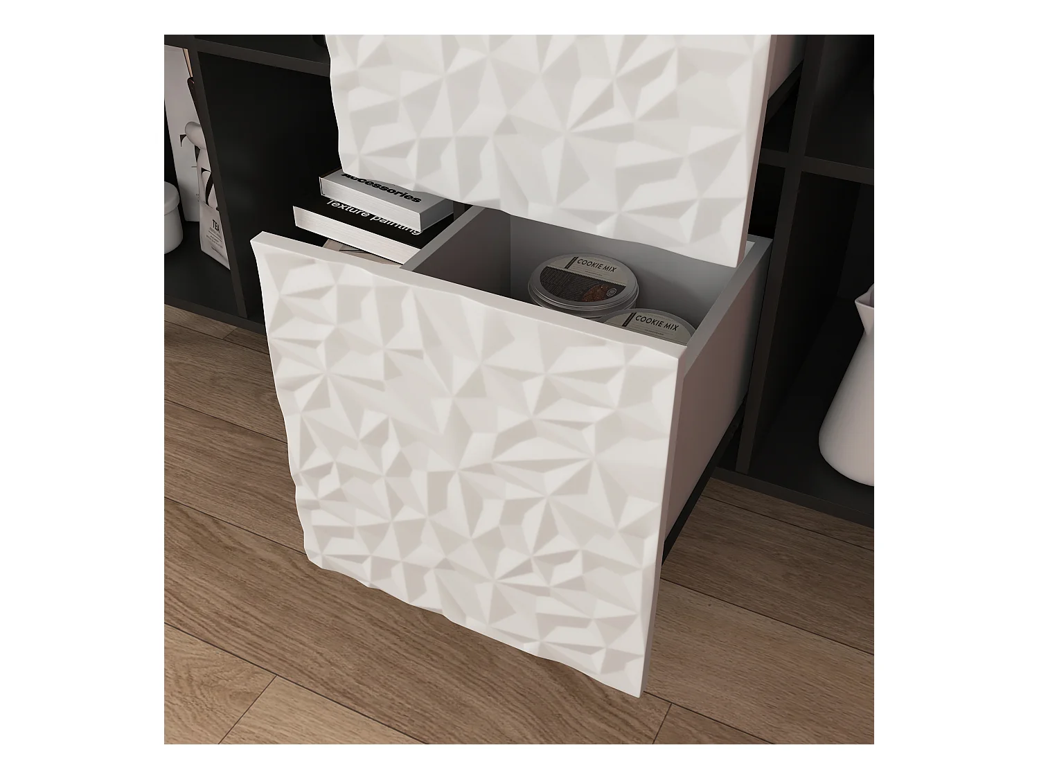 Buffet avec 2 tiroirs, 2 étagères ouvertes et portes rouges, meuble de rangement moderne en MDF noir et rouge (120x40x80 cm)