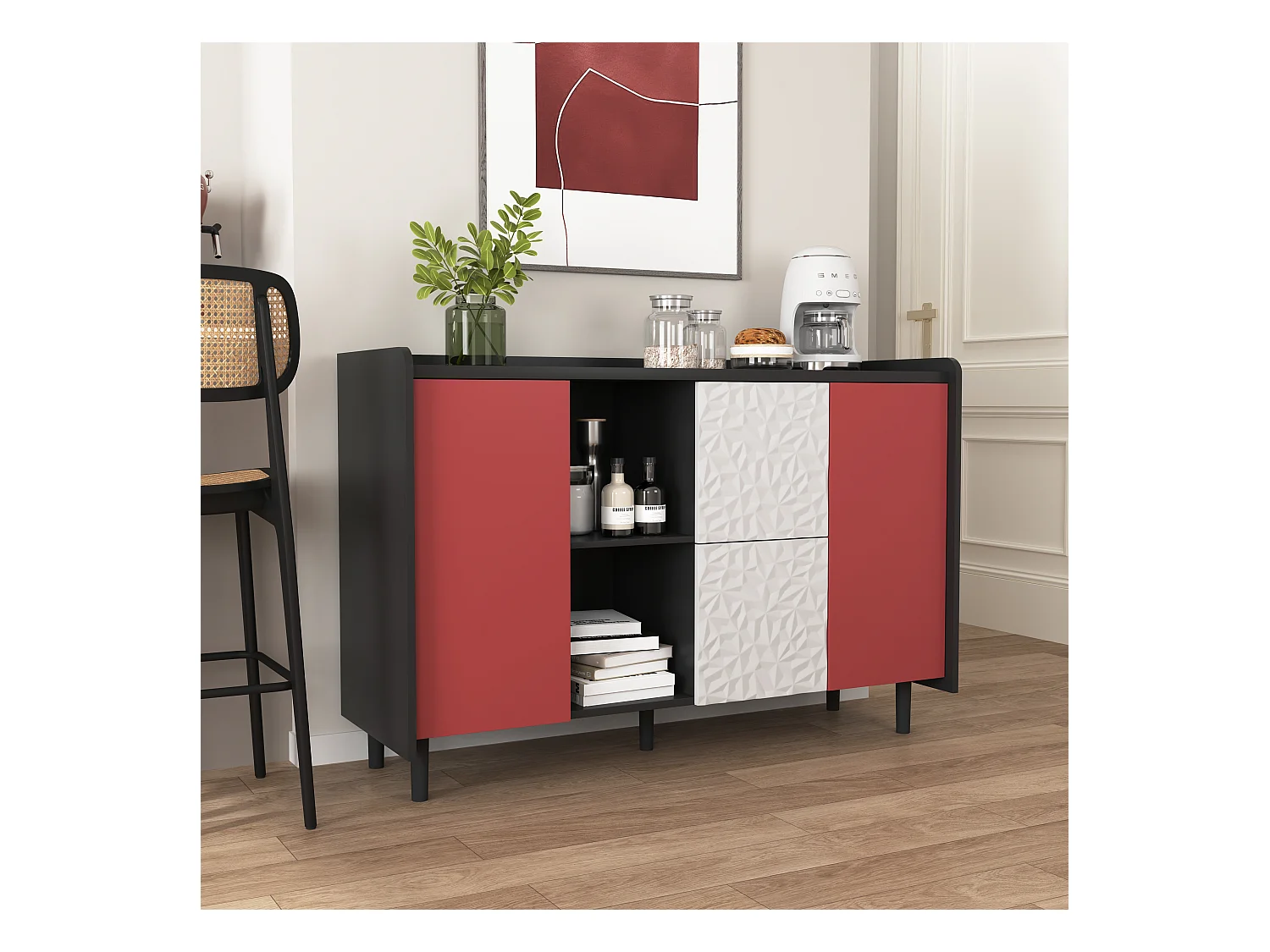 Buffet avec 2 tiroirs, 2 étagères ouvertes et portes rouges, meuble de rangement moderne en MDF noir et rouge (120x40x80 cm)