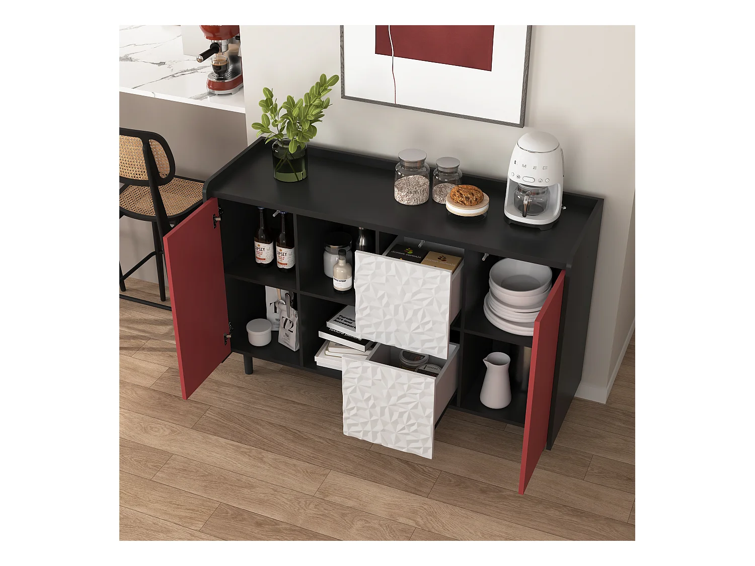 Buffet avec 2 tiroirs, 2 étagères ouvertes et portes rouges, meuble de rangement moderne en MDF noir et rouge (120x40x80 cm)