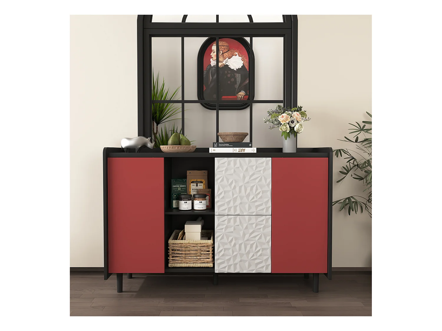 Buffet avec 2 tiroirs, 2 étagères ouvertes et portes rouges, meuble de rangement moderne en MDF noir et rouge (120x40x80 cm)