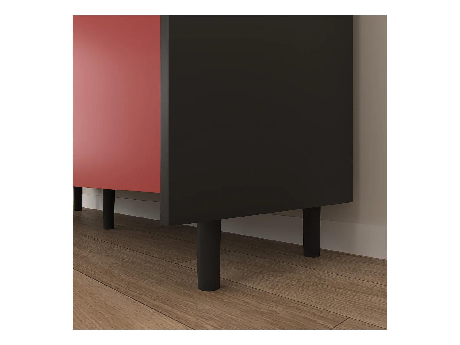 Buffet avec 2 tiroirs, 2 étagères ouvertes et portes rouges, meuble de rangement moderne en MDF noir et rouge (120x40x80 cm)