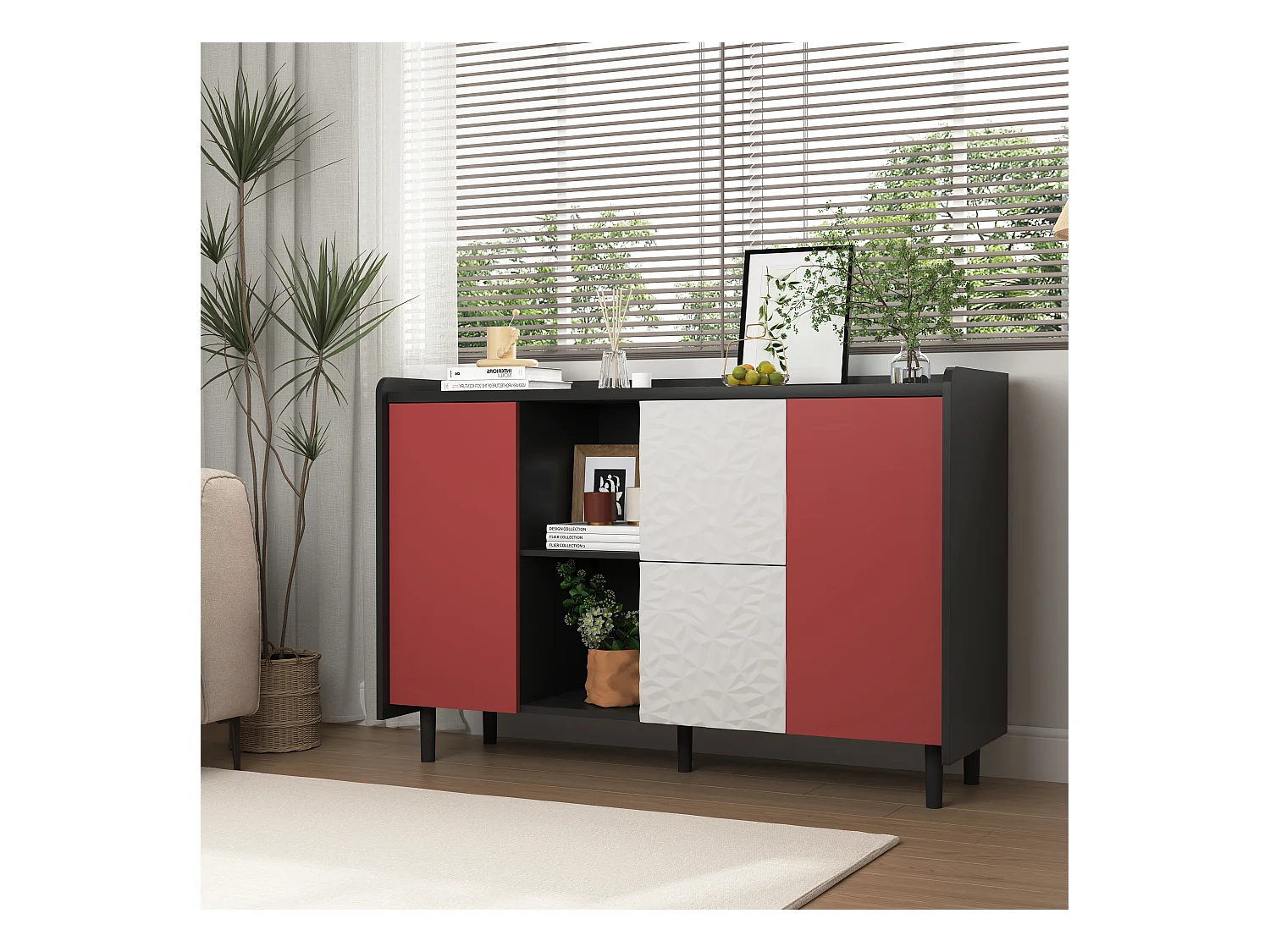 Buffet avec 2 tiroirs, 2 étagères ouvertes et portes rouges, meuble de rangement moderne en MDF noir et rouge (120x40x80 cm)