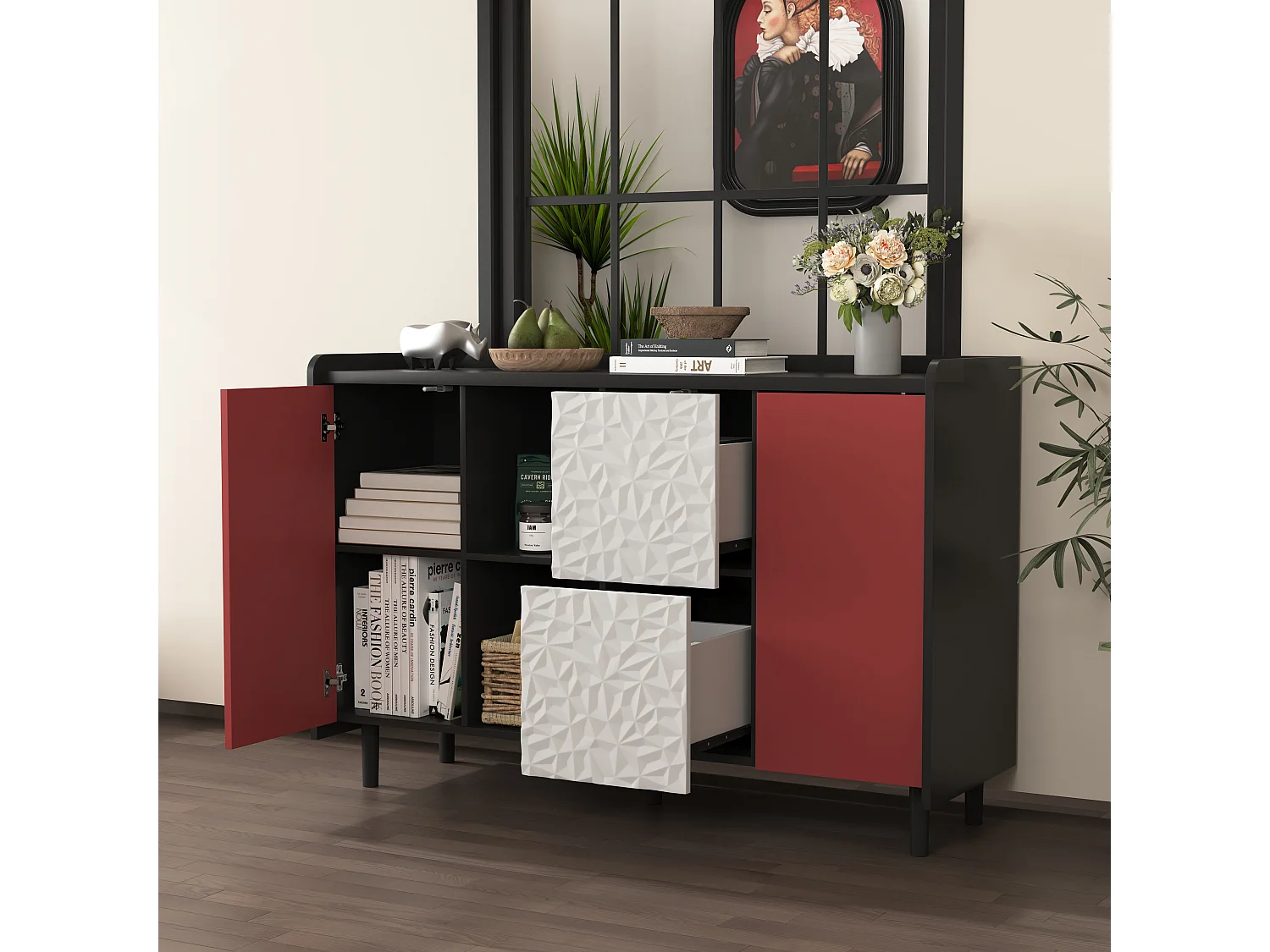 Buffet avec 2 tiroirs, 2 étagères ouvertes et portes rouges, meuble de rangement moderne en MDF noir et rouge (120x40x80 cm)