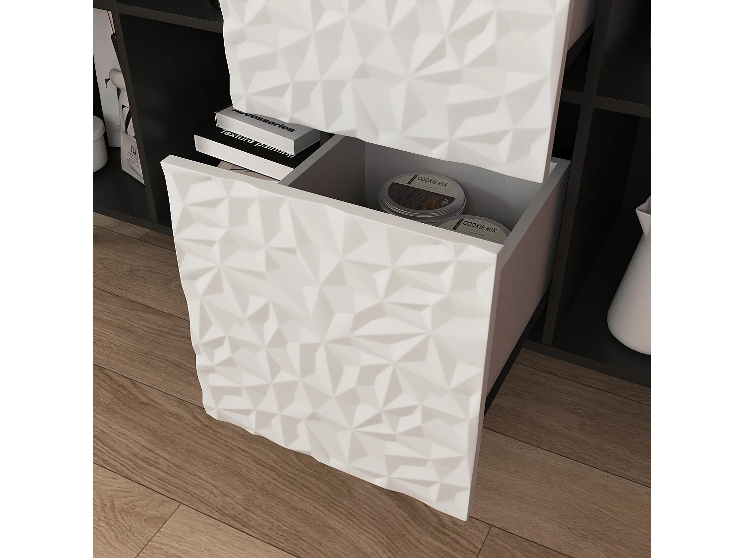 Buffet avec 2 tiroirs, 2 étagères ouvertes et portes rouges, meuble de rangement moderne en MDF noir et rouge (120x40x80 cm)