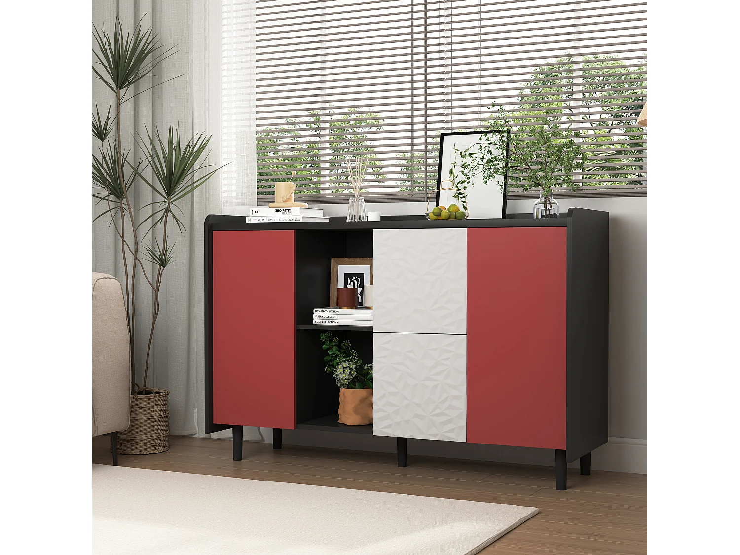 Buffet avec 2 tiroirs, 2 étagères ouvertes et portes rouges, meuble de rangement moderne en MDF noir et rouge (120x40x80 cm)