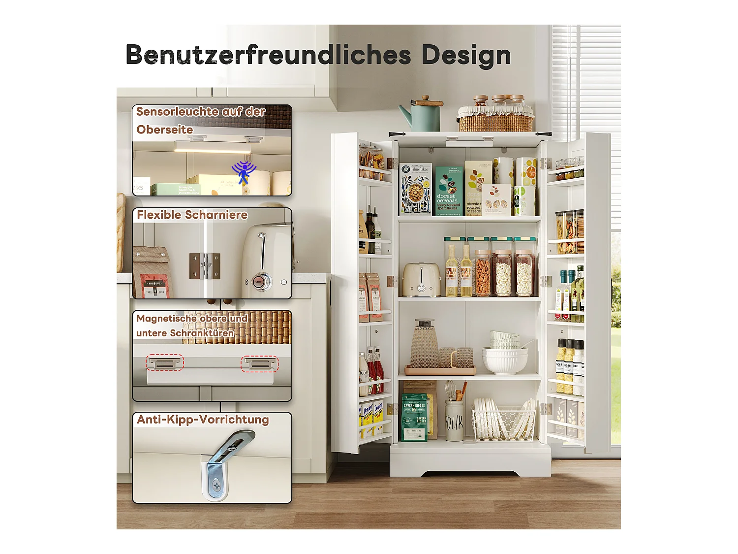 Meuble de rangement de cuisine, Buffet style ferme, avec LED, 2 portes et étagères réglables, MDF, blanc (128.5x44.5x15.88 cm)