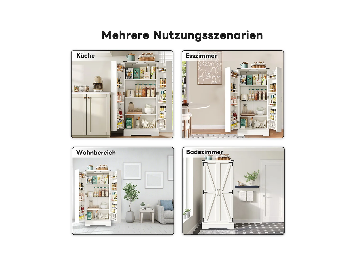 Meuble de rangement de cuisine, Buffet style ferme, avec LED, 2 portes et étagères réglables, MDF, blanc (128.5x44.5x15.88 cm)