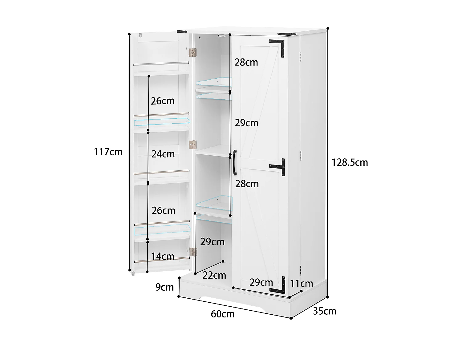 Meuble de rangement de cuisine, Buffet style ferme, avec LED, 2 portes et étagères réglables, MDF, blanc (128.5x44.5x15.88 cm)