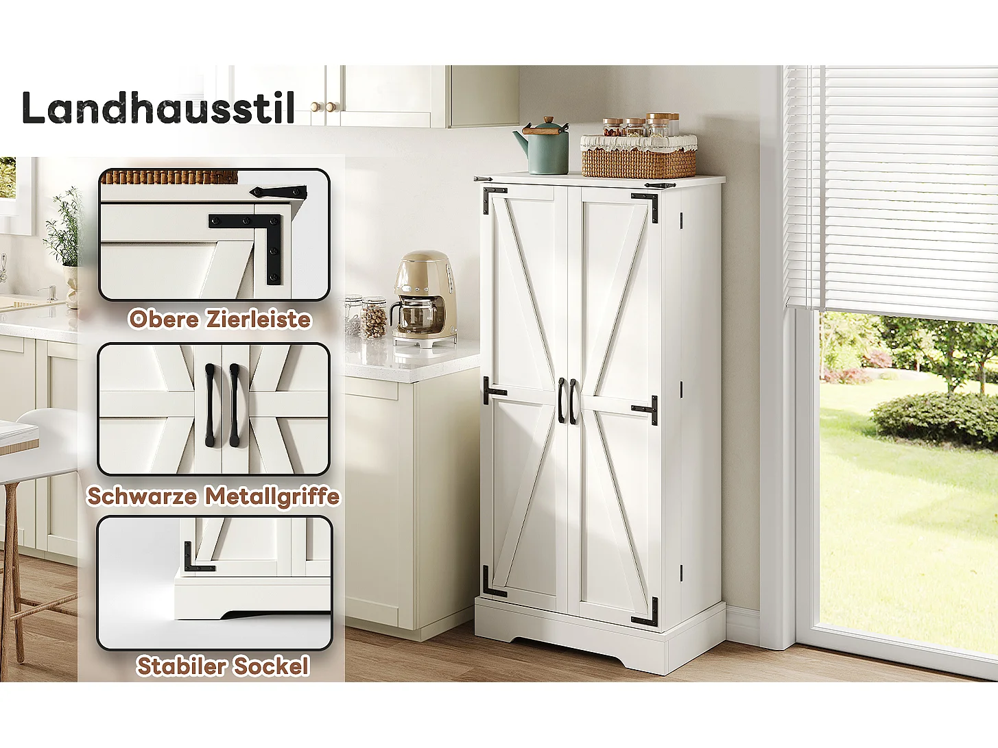 Meuble de rangement de cuisine, Buffet style ferme, avec LED, 2 portes et étagères réglables, MDF, blanc (128.5x44.5x15.88 cm)