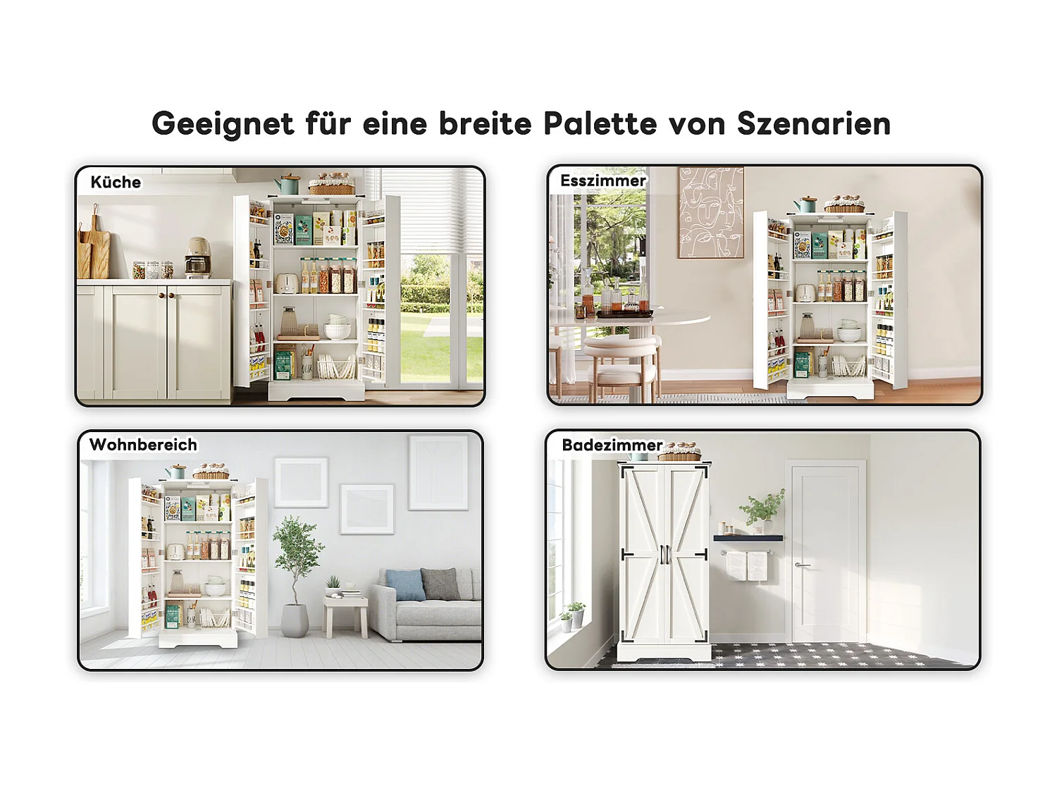 Meuble de rangement de cuisine, Buffet style ferme, avec LED, 2 portes et étagères réglables, MDF, blanc (128.5x44.5x15.88 cm)