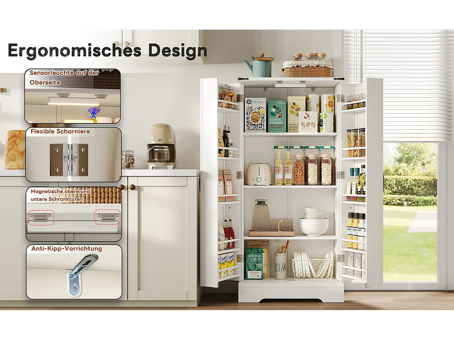 Meuble de rangement de cuisine, Buffet style ferme, avec LED, 2 portes et étagères réglables, MDF, blanc (128.5x44.5x15.88 cm)