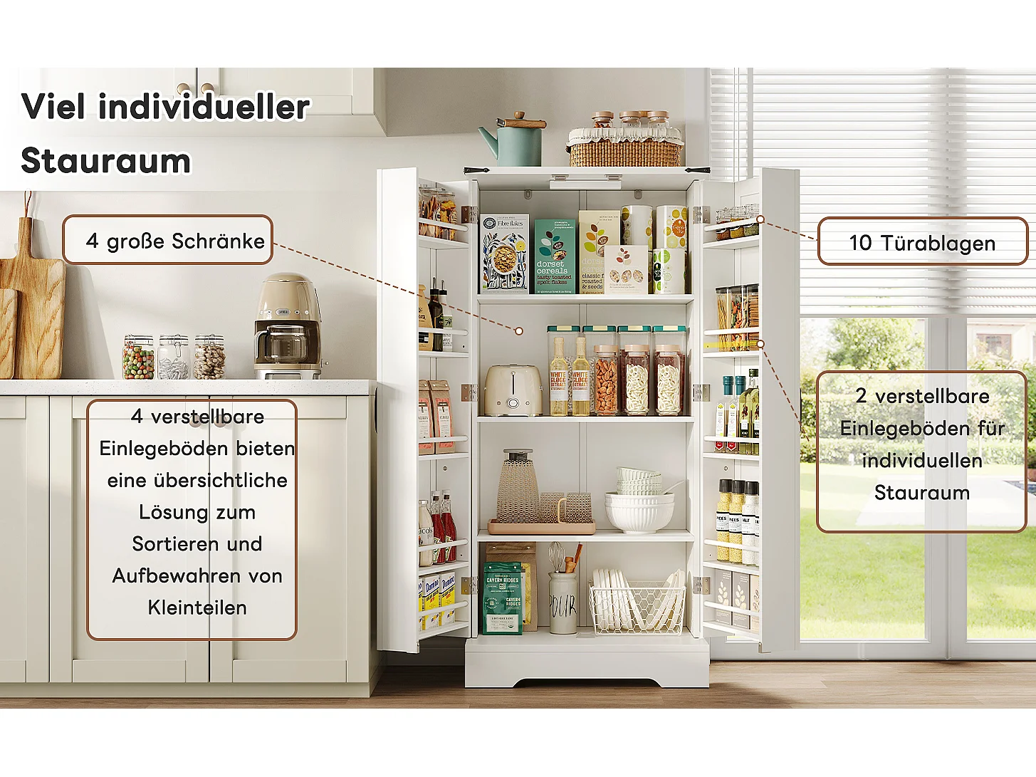 Meuble de rangement de cuisine, Buffet style ferme, avec LED, 2 portes et étagères réglables, MDF, blanc (128.5x44.5x15.88 cm)