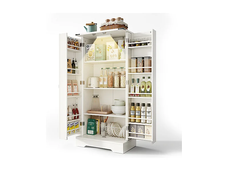 Meuble de rangement de cuisine, Buffet style ferme, avec LED, 2 portes et étagères réglables, MDF, blanc (128.5x44.5x15.88 cm)