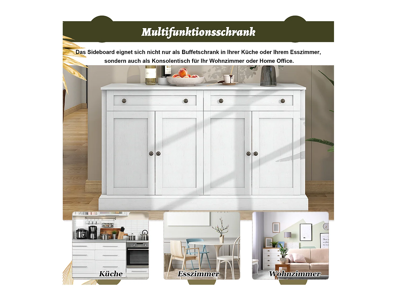 Credenza moderna con 4 ante e 2 cassetti, buffet per sala da pranzo e soggiorno, colore bianco anticato (150x40x86 cm)