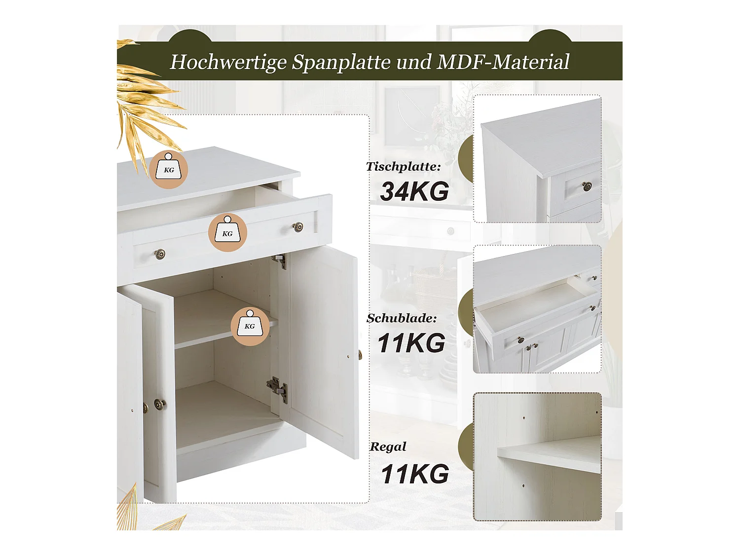 Credenza moderna con 4 ante e 2 cassetti, buffet per sala da pranzo e soggiorno, colore bianco anticato (150x40x86 cm)