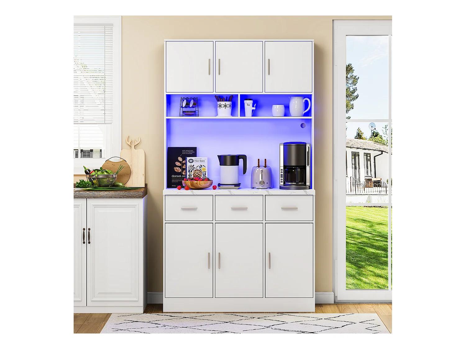 Buffet multifonction avec LED et télécommande, 3 portes, étagères réglables, prises et gestion des câbles, MDF, blanc et noir (100x40x180 cm)