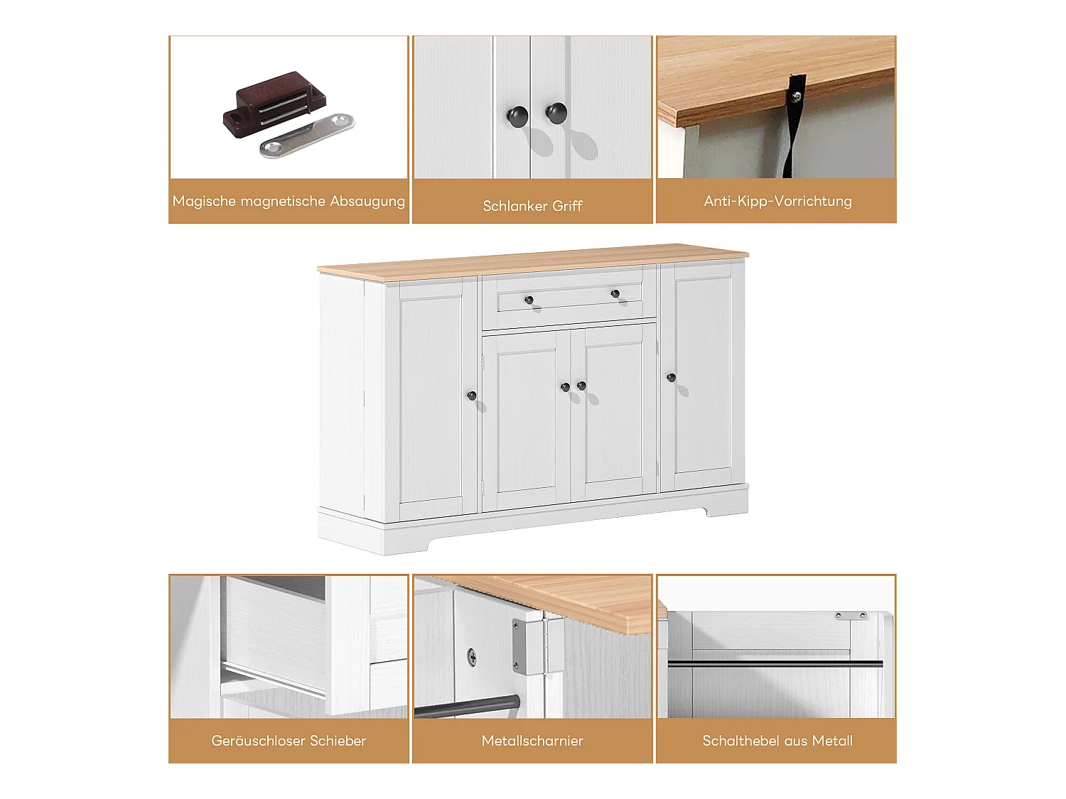 Multifunctioneel dressoir - Dressoir met lade, deuren met verstelbare planken, modern design met kantelbeveiliging (138x47x80 cm)