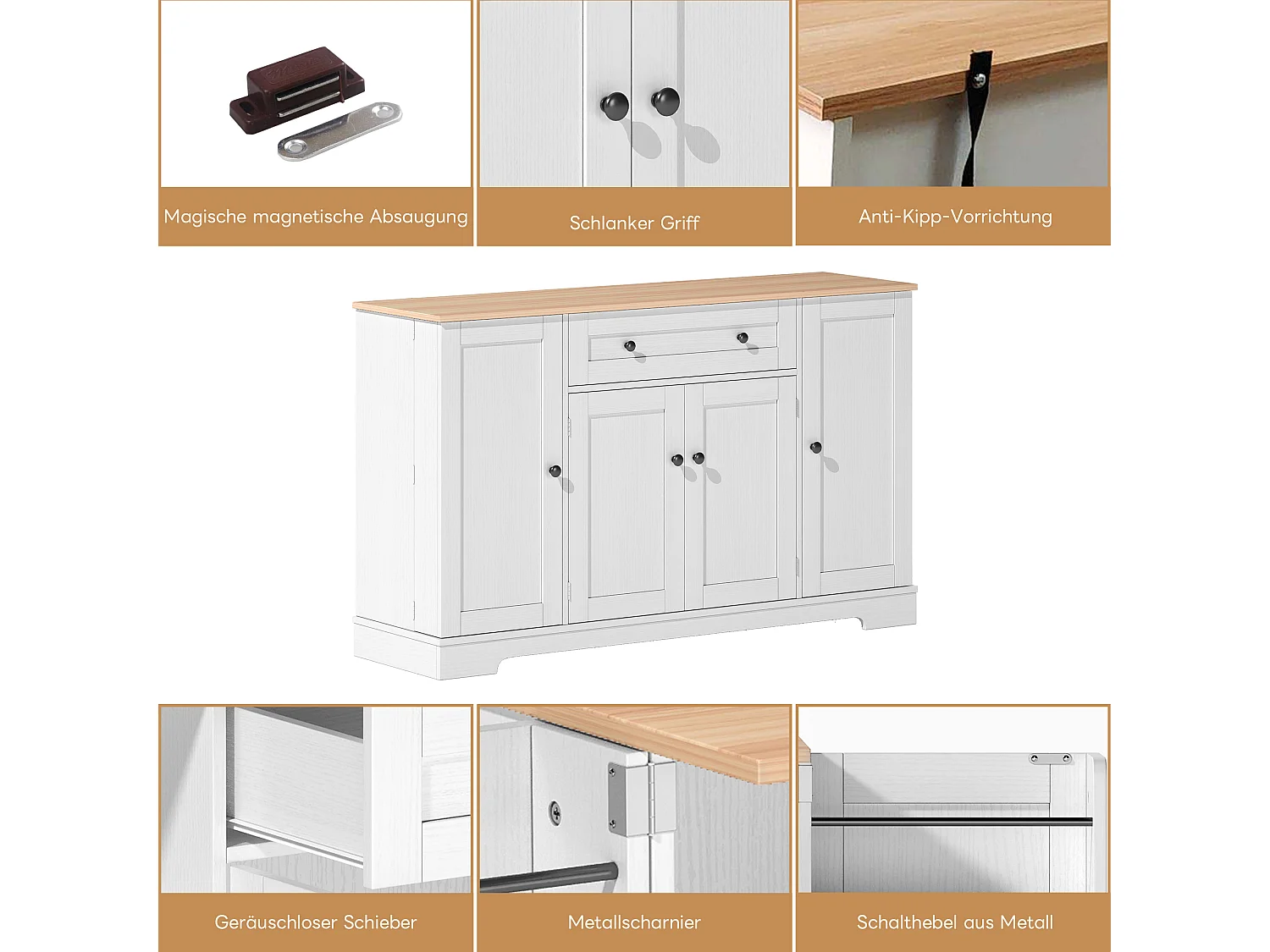 Buffet multifonctionnel – Buffet avec tiroir, portes avec étagères réglables, design moderne avec protection anti-basculement (138x47x80 cm)