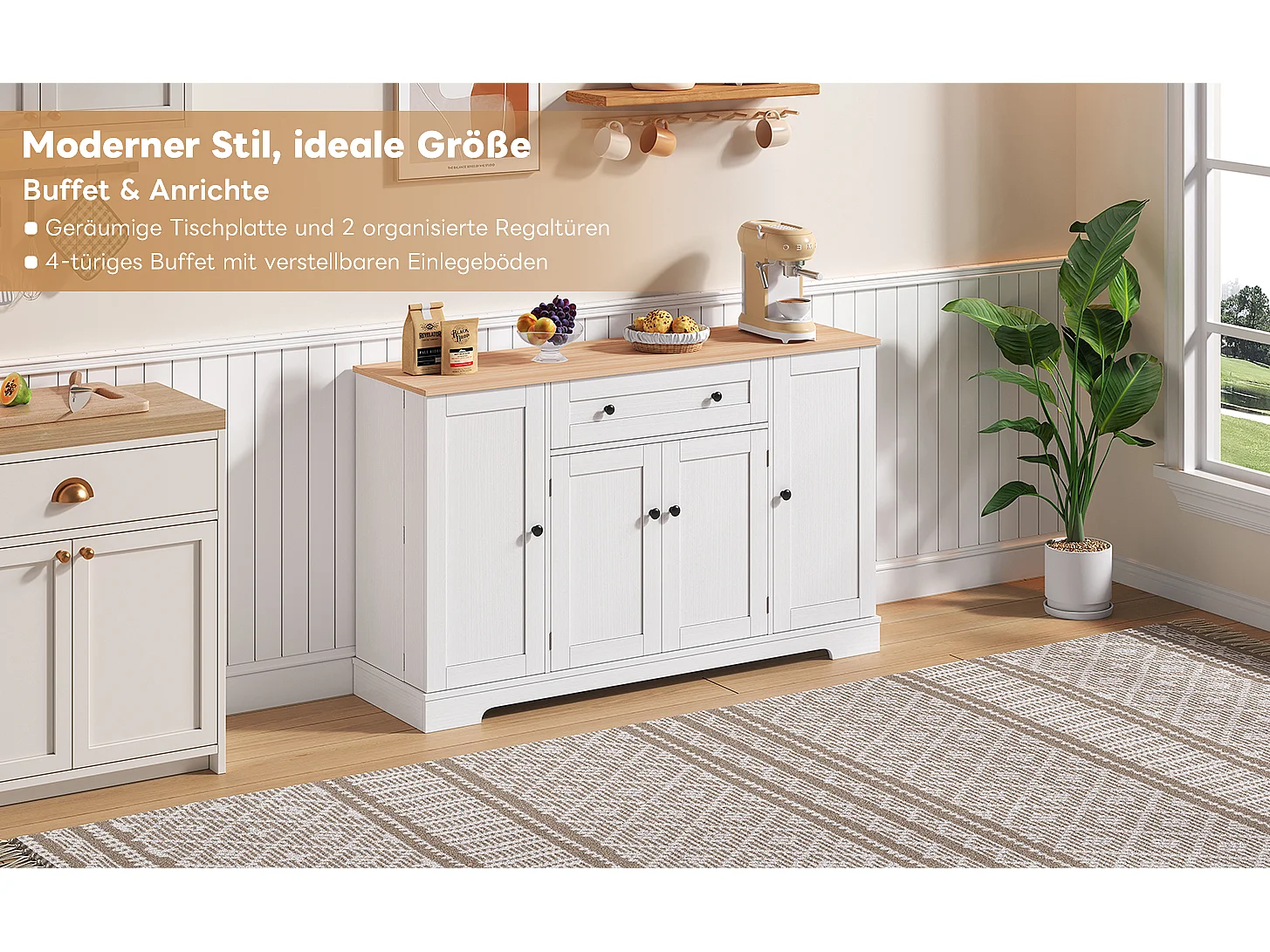 Buffet multifonctionnel – Buffet avec tiroir, portes avec étagères réglables, design moderne avec protection anti-basculement (138x47x80 cm)