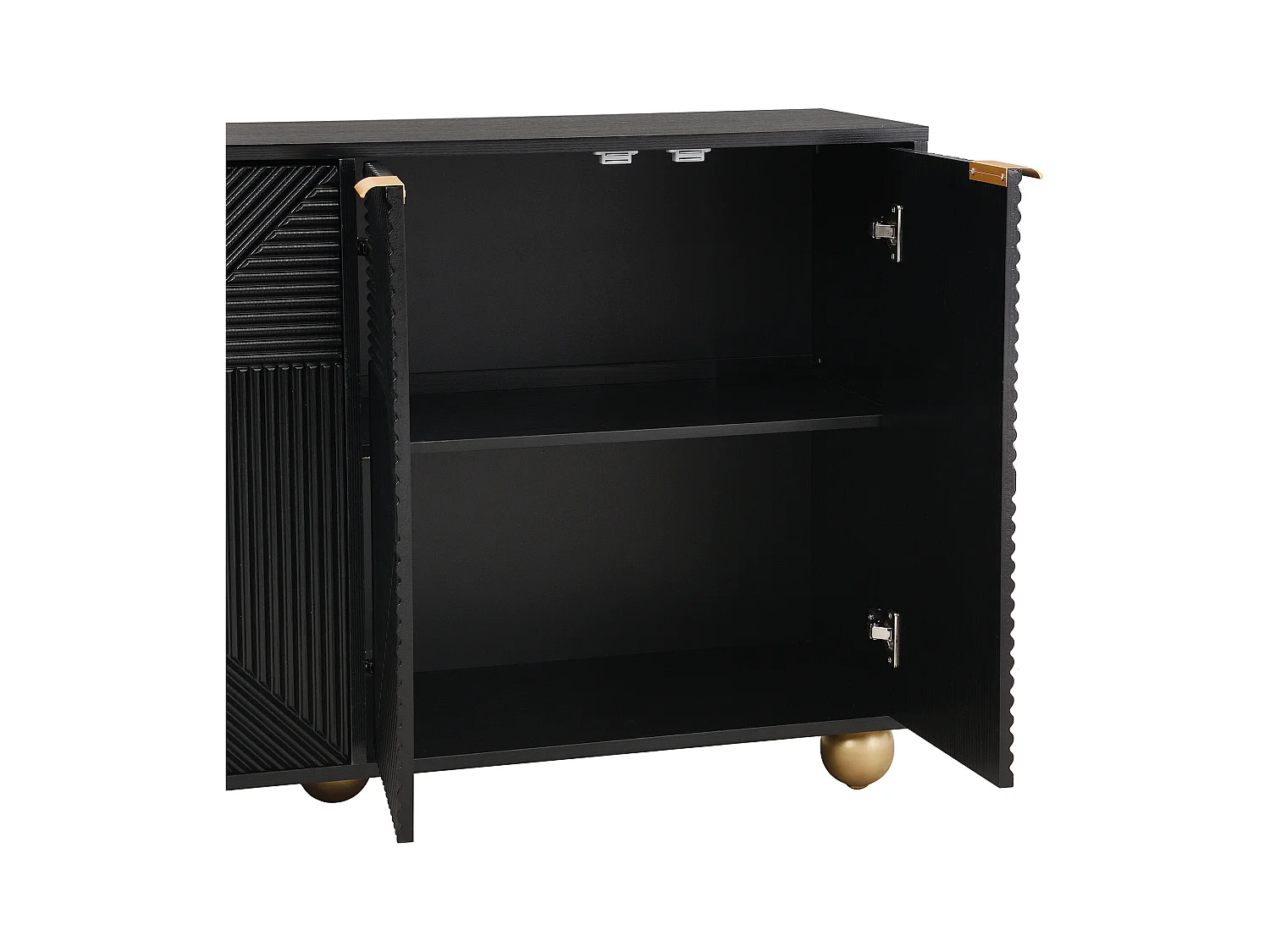 Meuble de rangement avec 4 portes sculptées, étagères ajustables, poignées métalliques, pieds sphériques, MDF, noir (120x35x71.5 cm)