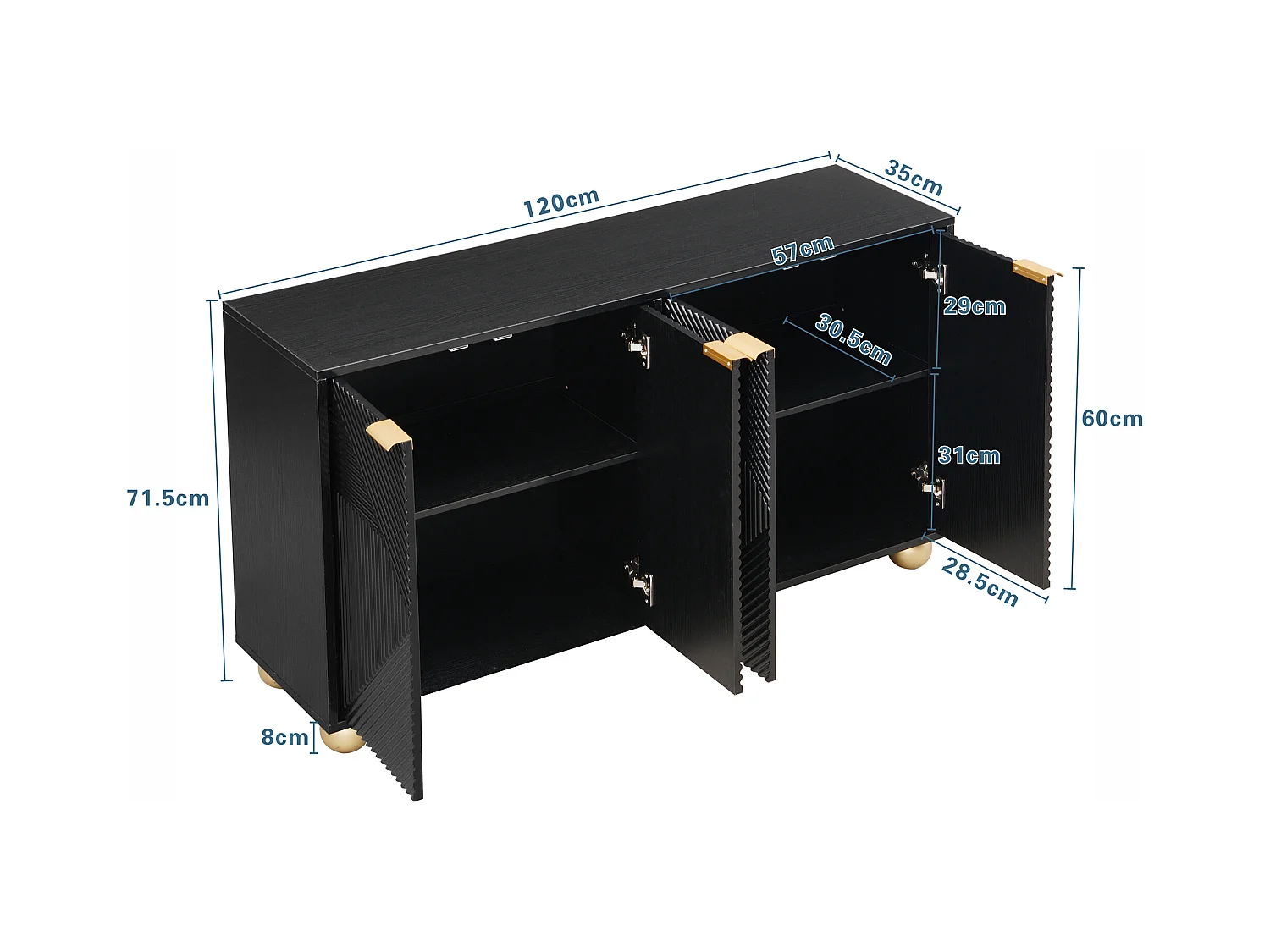 Meuble de rangement avec 4 portes sculptées, étagères ajustables, poignées métalliques, pieds sphériques, MDF, noir (120x35x71.5 cm)