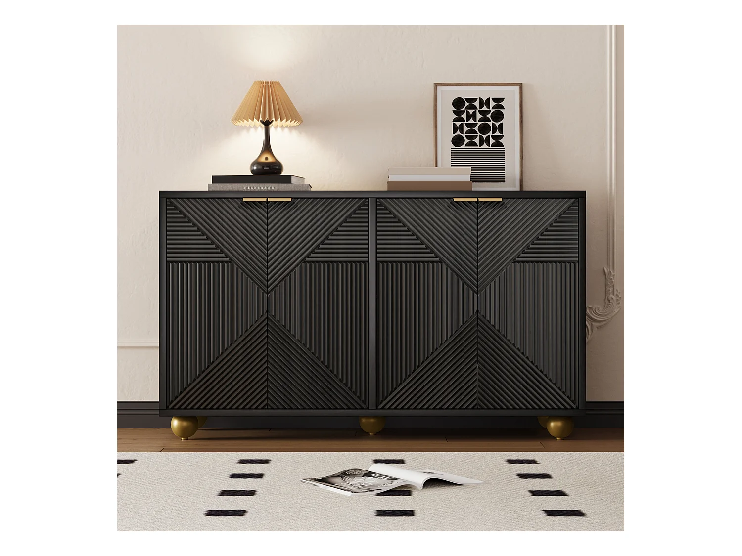 Meuble de rangement avec 4 portes sculptées, étagères ajustables, poignées métalliques, pieds sphériques, MDF, noir (120x35x71.5 cm)