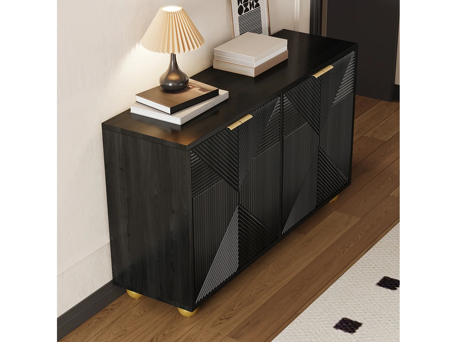 Opbergmeubel met 4 gebeeldhouwde deuren, verstelbare planken, metalen handgrepen, bolvormige poten, MDF, zwart (120x35x71,5 cm)