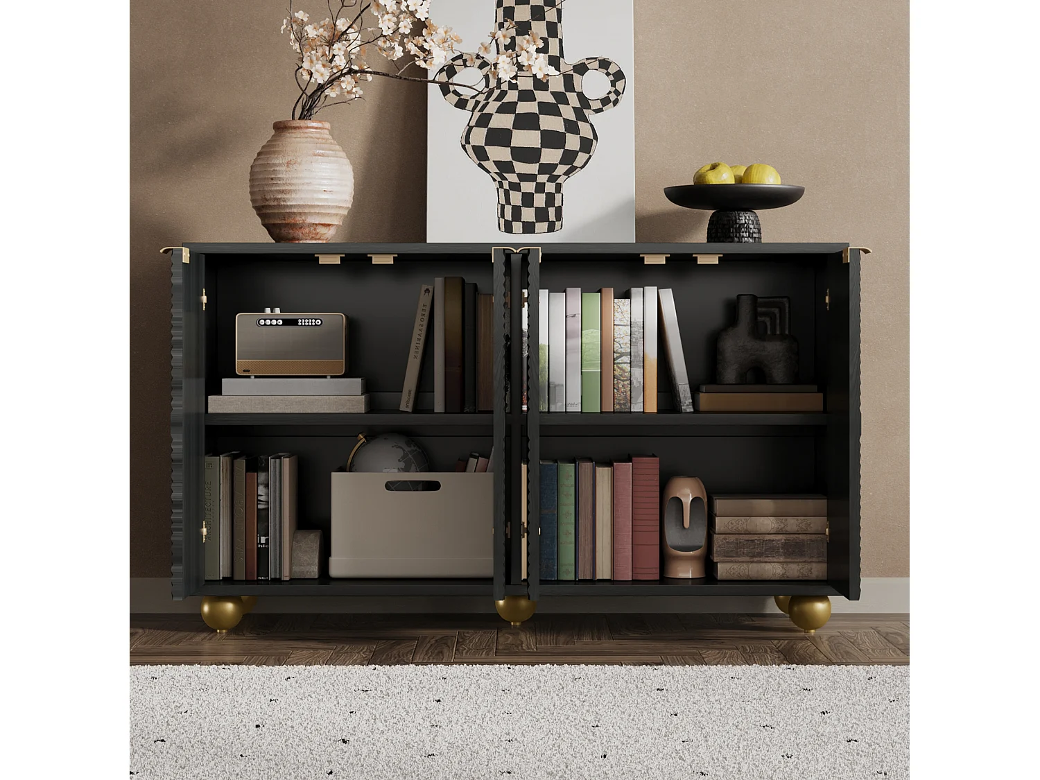 Opbergmeubel met 4 gebeeldhouwde deuren, verstelbare planken, metalen handgrepen, bolvormige poten, MDF, zwart (120x35x71,5 cm)