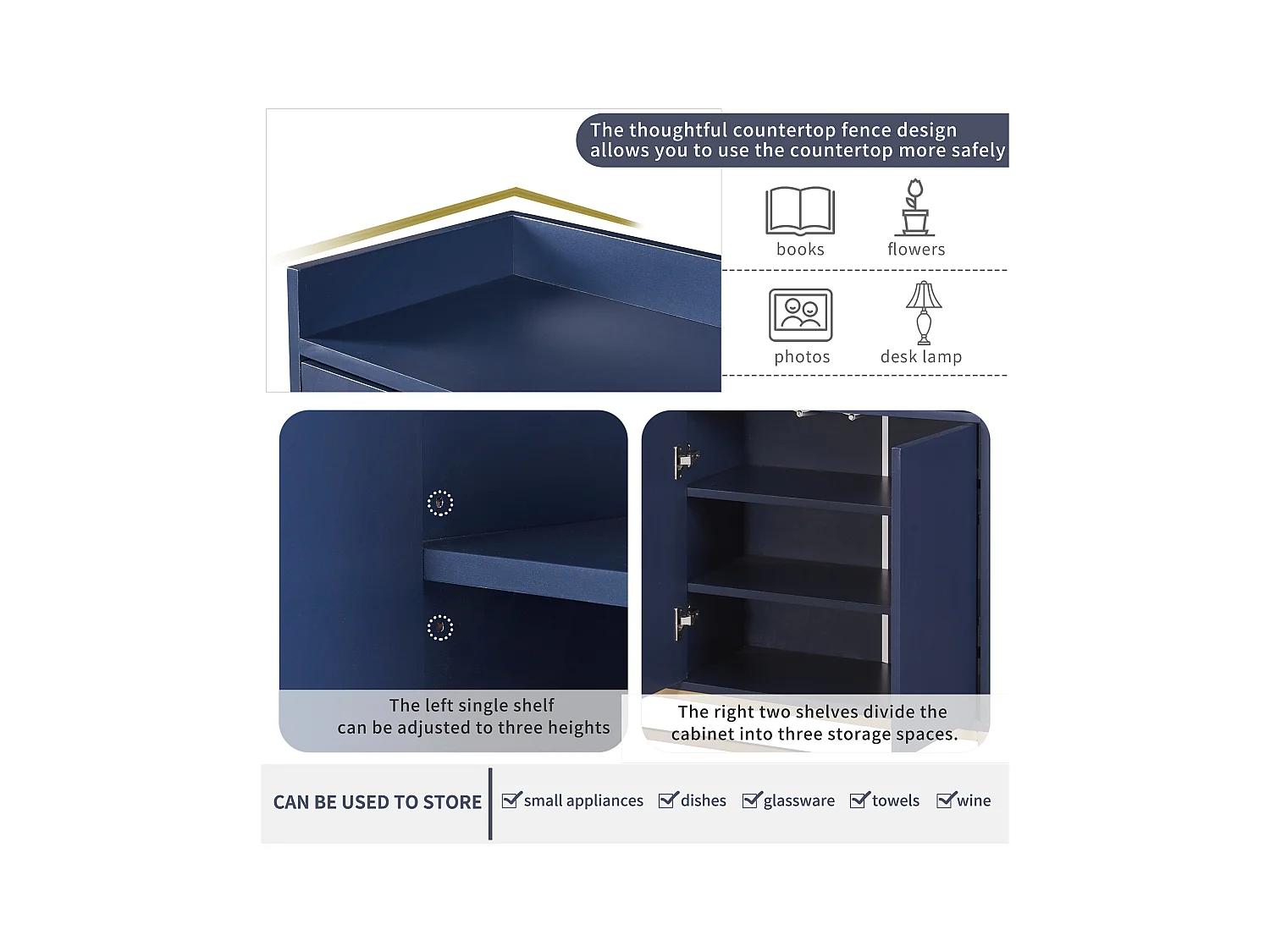 Credenza moderna minimalista, 4 ante senza maniglie, per soggiorno, cucina, MDF, blu navy (120x30x80 cm)