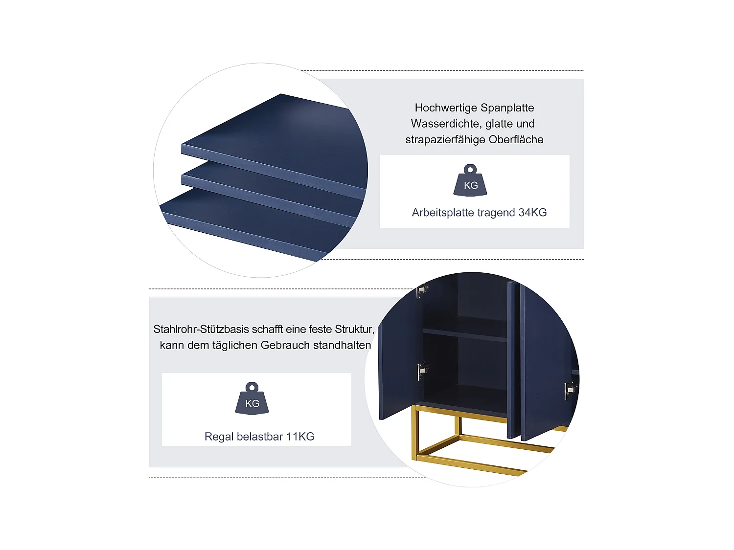 Credenza moderna minimalista, 4 ante senza maniglie, per soggiorno, cucina, MDF, blu navy (120x30x80 cm)