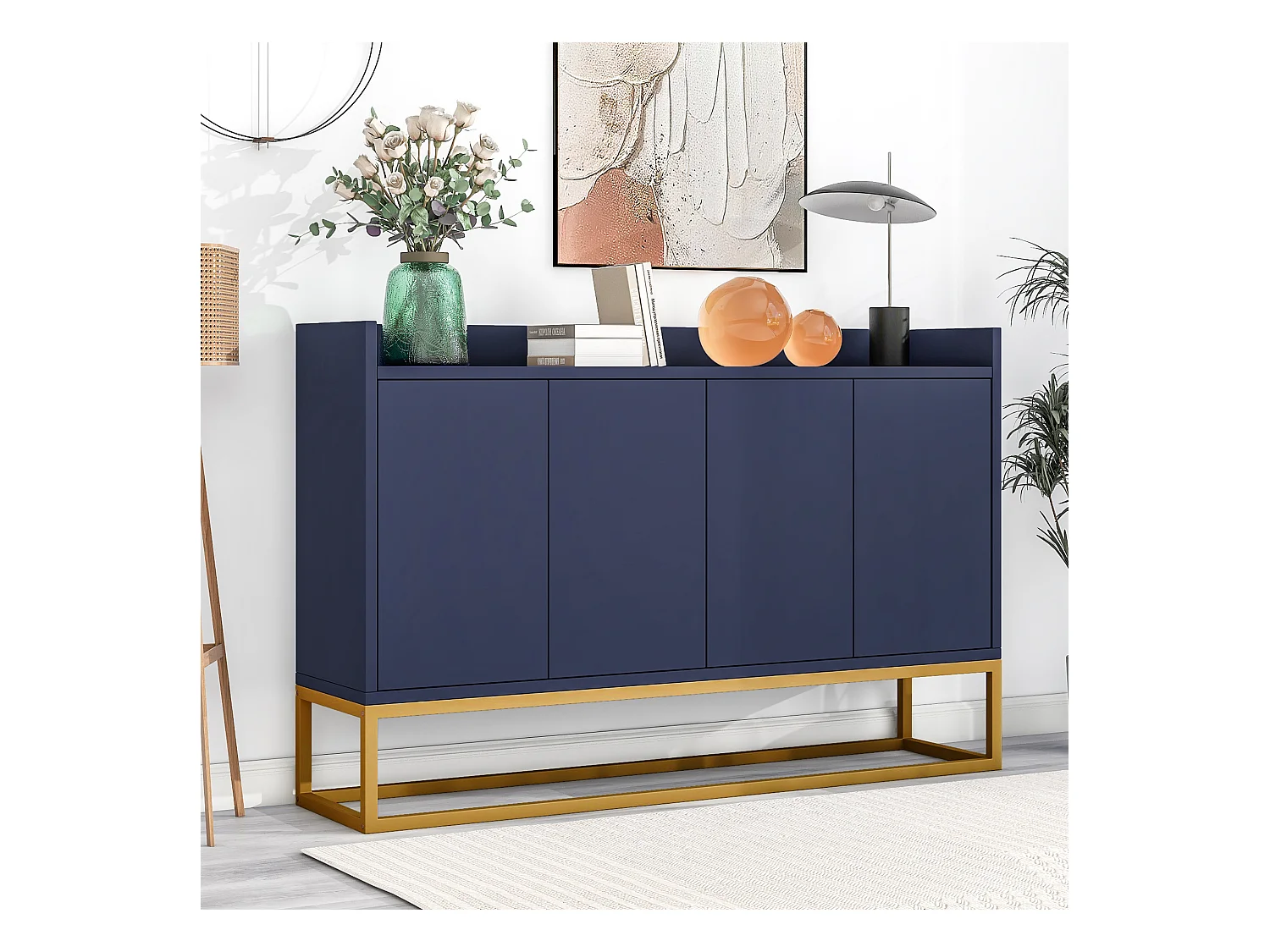 Buffet moderne minimaliste, 4 portes sans poignées, pour salon, cuisine, MDF, bleu marine (120x30x80 cm)