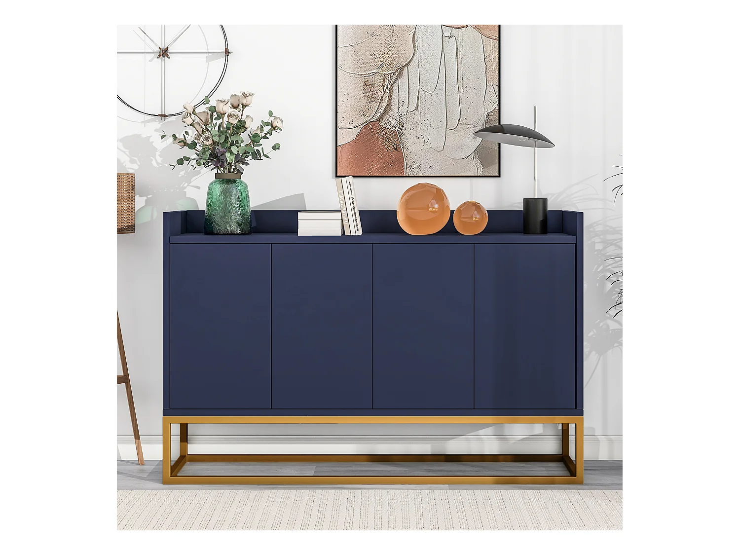 Modern minimalistisch dressoir, 4 deuren zonder greep, voor woonkamer, keuken, MDF, marineblauw (120x30x80 cm)