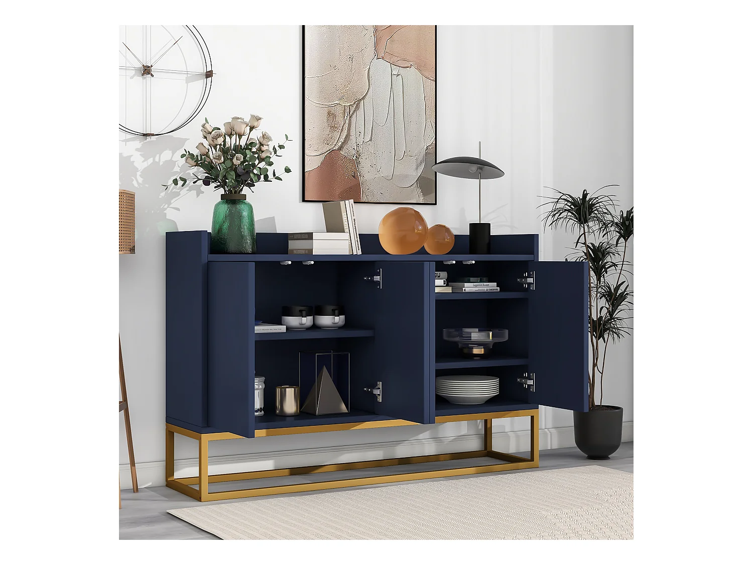 Modern minimalistisch dressoir, 4 deuren zonder greep, voor woonkamer, keuken, MDF, marineblauw (120x30x80 cm)