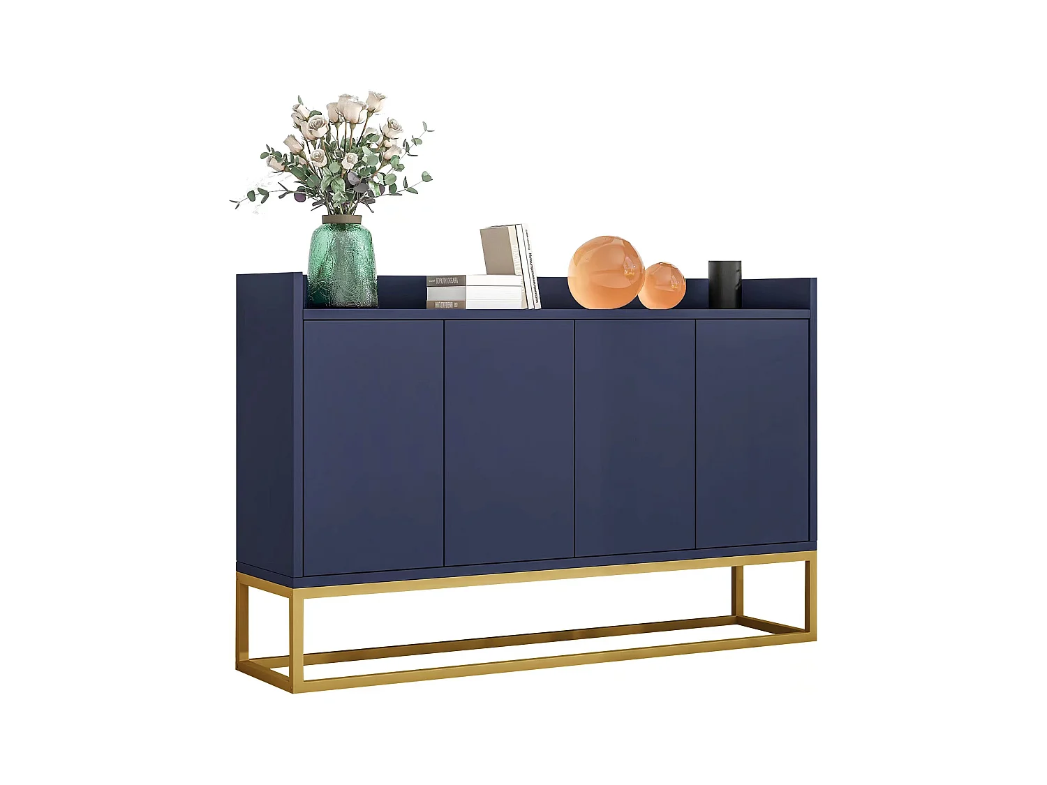 Modern minimalistisch dressoir, 4 deuren zonder greep, voor woonkamer, keuken, MDF, marineblauw (120x30x80 cm)