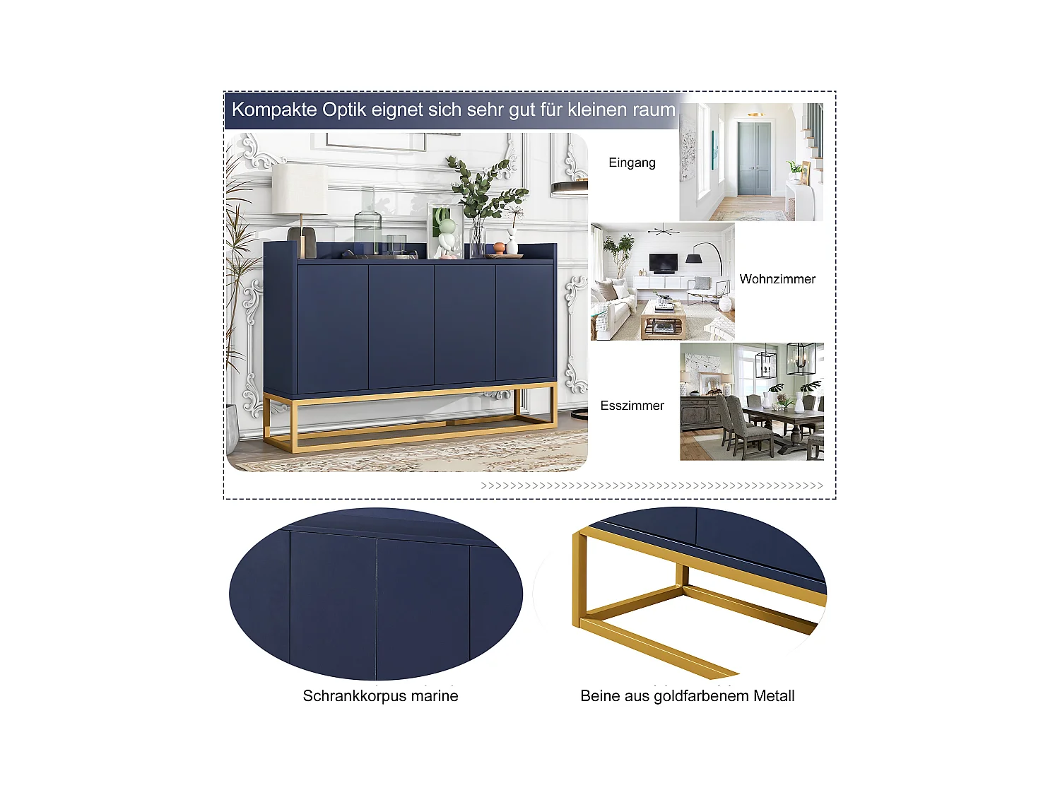 Modern minimalistisch dressoir, 4 deuren zonder greep, voor woonkamer, keuken, MDF, marineblauw (120x30x80 cm)