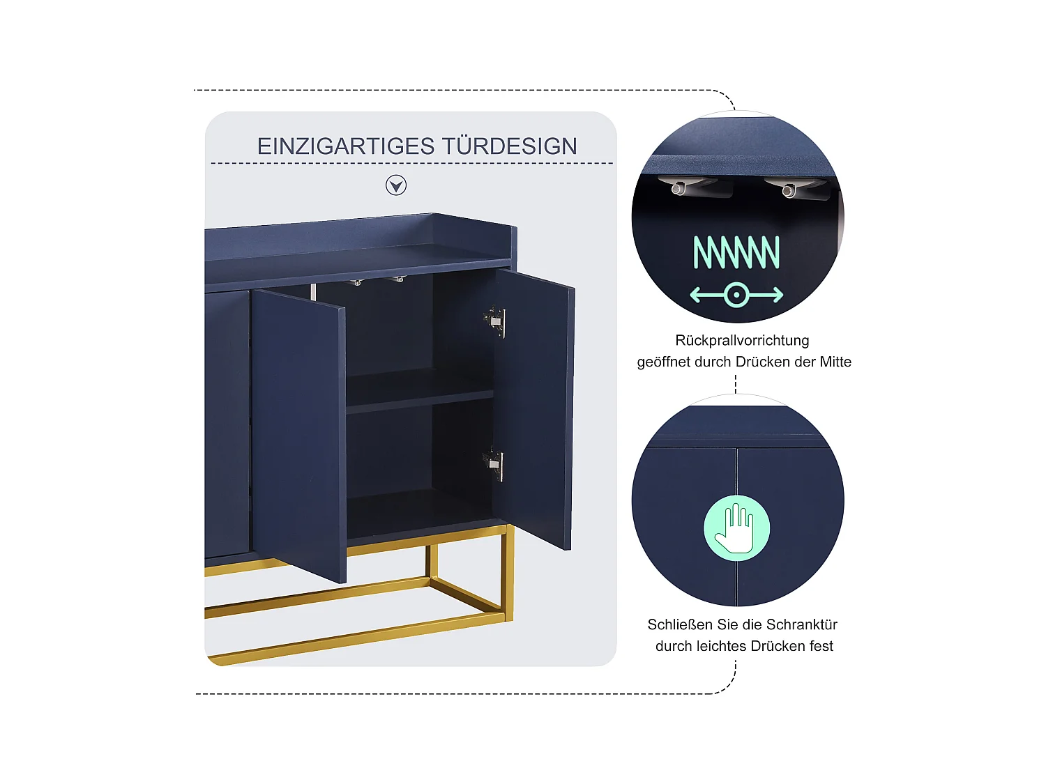 Modern minimalistisch dressoir, 4 deuren zonder greep, voor woonkamer, keuken, MDF, marineblauw (120x30x80 cm)