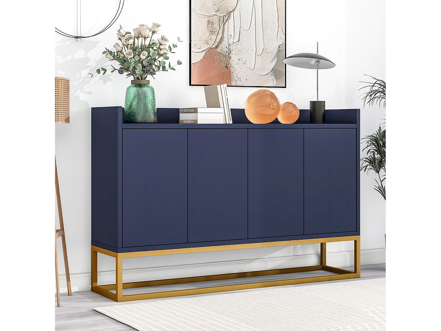 Buffet moderne minimaliste, 4 portes sans poignées, pour salon, cuisine, MDF, bleu marine (120x30x80 cm)