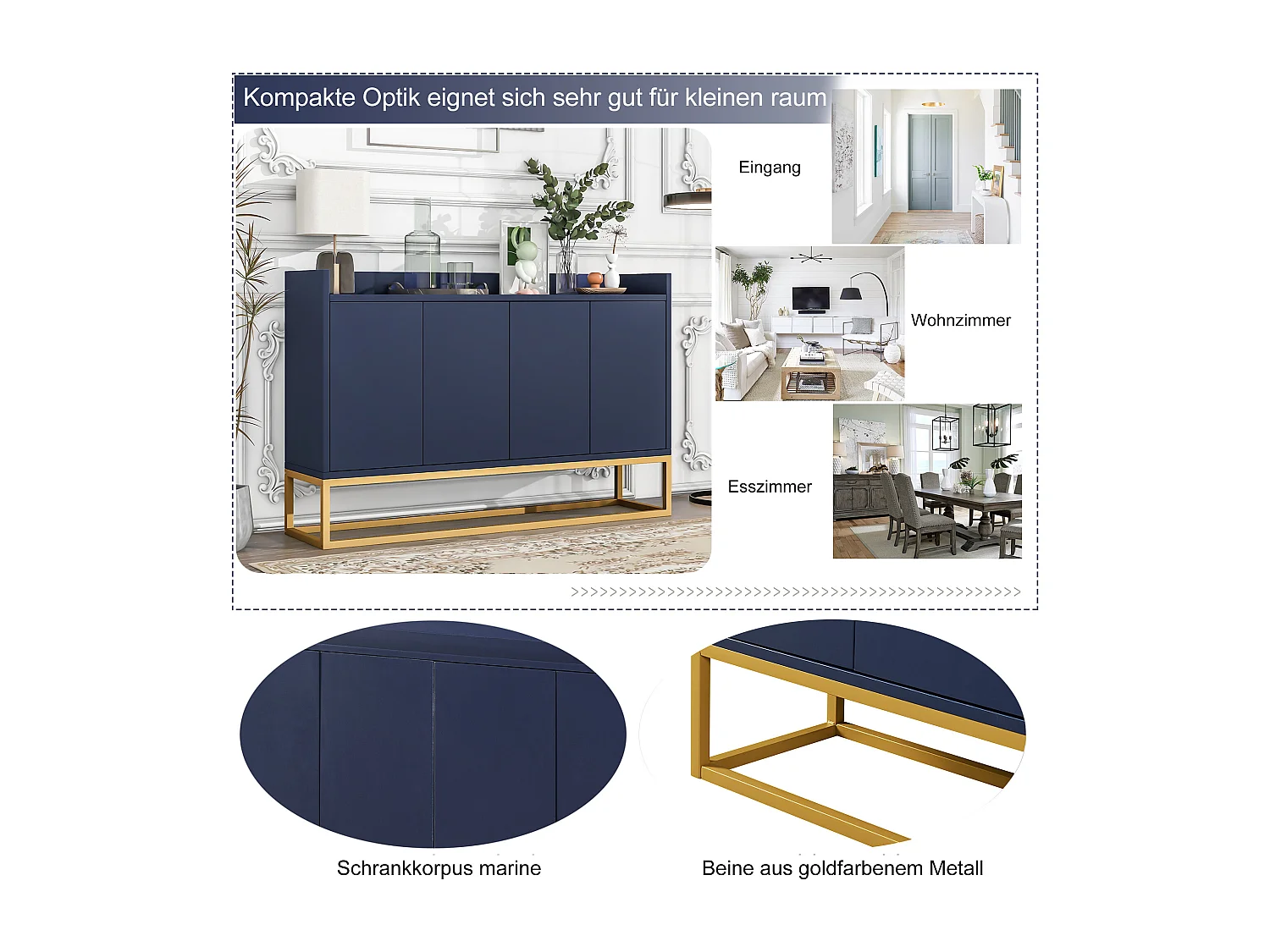 Buffet moderne minimaliste, 4 portes sans poignées, pour salon, cuisine, MDF, bleu marine (120x30x80 cm)