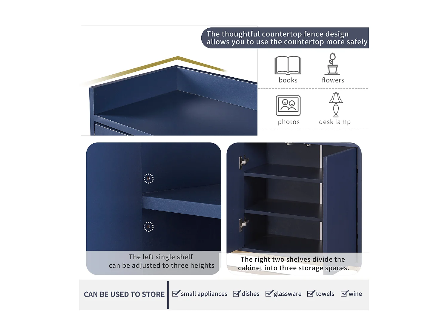 Buffet moderne minimaliste, 4 portes sans poignées, pour salon, cuisine, MDF, bleu marine (120x30x80 cm)