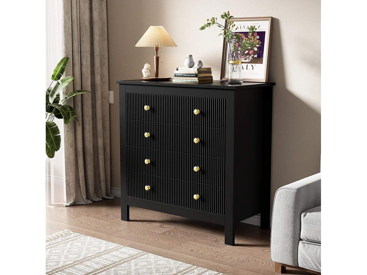 Buffet avec 5 tiroirs et portes spéciales, design moderne, MDF, noir (79x39.5x80.5 cm)